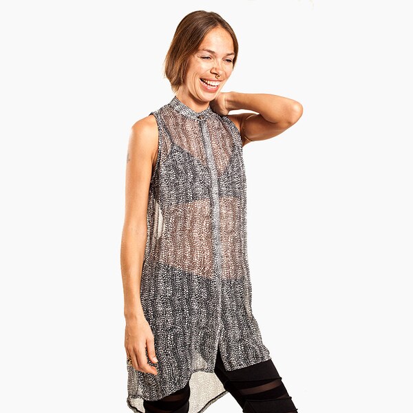 Chiffon Tunic Dress, Sheer Top, Open Back Tunic, Black And White Top, Womens Tunic, Festival Fashion By Sherondesigns