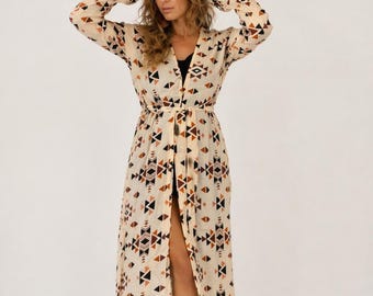 Gold Mandala Kimono Dress, Boho Cover Up, Lightweight Resort Wear, Beach & Festival Outfit