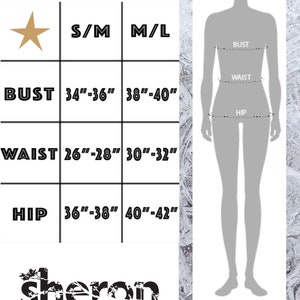 May include: A size chart for women's clothing with measurements in inches. The chart shows bust, waist, and hip measurements for sizes S/M and M/L.