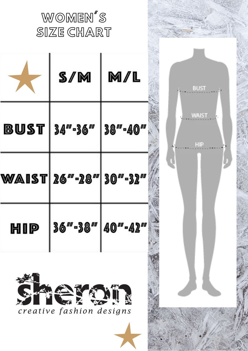 May include: A size chart for women's clothing with measurements in inches. The chart shows bust, waist, and hip measurements for sizes S/M and M/L.