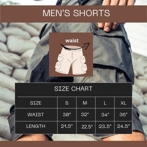 May include: Grey cargo shorts featuring multiple side pockets and a button closure. A size chart displays waist measurements from 30 to 36 inches and lengths from 21.5 to 24.5 inches. An illustration shows the waist area with an arrow indicating measurement.