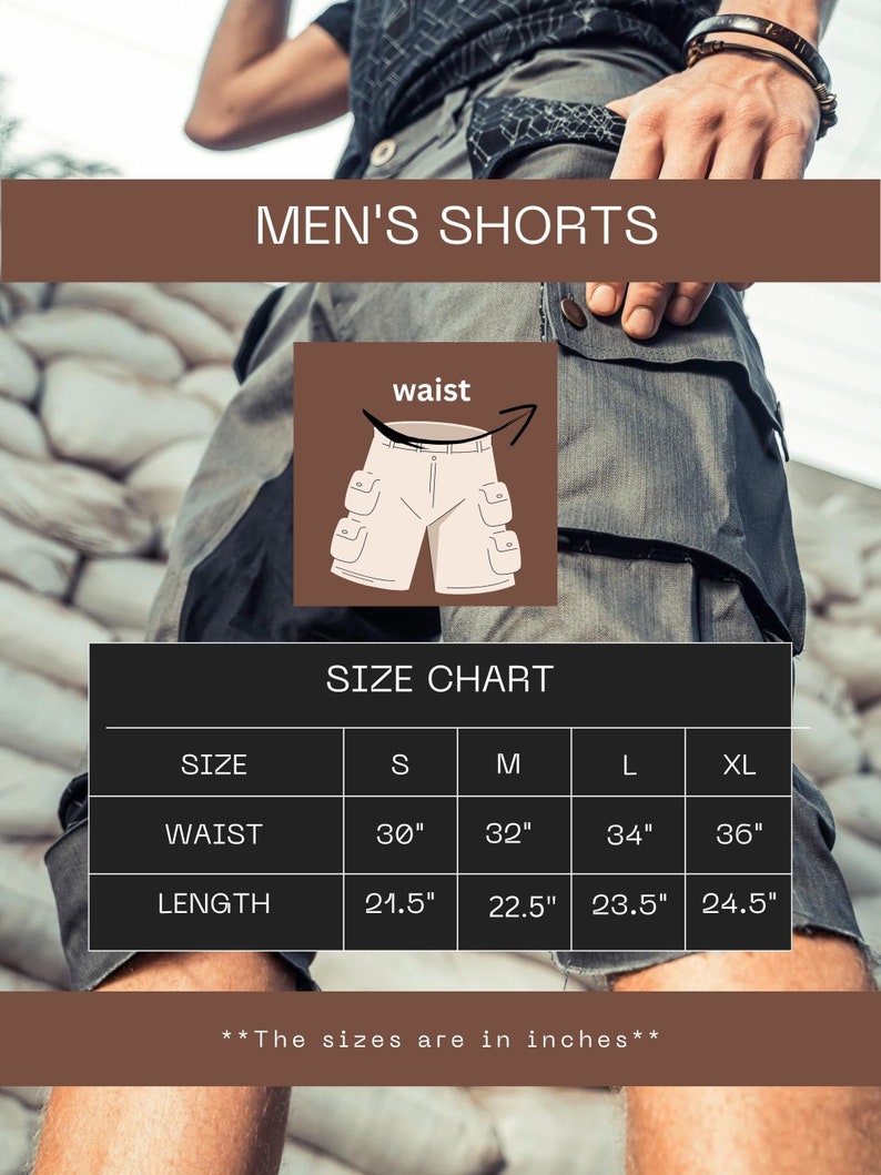 May include: Grey cargo shorts featuring multiple side pockets and a button closure. A size chart displays waist measurements from 30 to 36 inches and lengths from 21.5 to 24.5 inches. An illustration shows the waist area with an arrow indicating measurement.