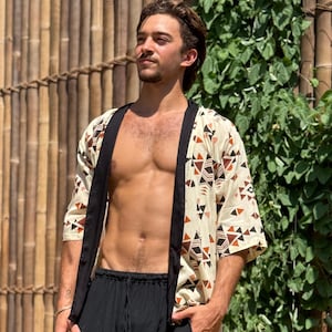 Kimono Boho da uomo, giacca da festival unisex, kimono estivo con stampa triangolare per lui e per lei, kimono da cerimonia, kimono hippie da uomo, idea regalo