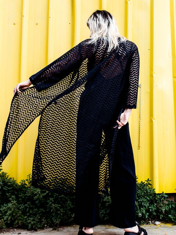 Boho Long Sheer Black Kimono Cardigan 