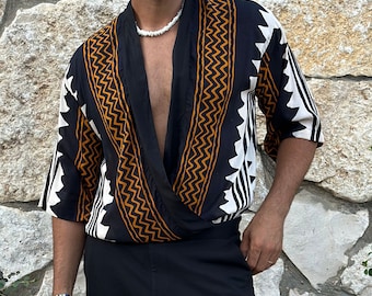 Kimono bohemio para hombre, atuendo para festivales y raves, chaqueta estilo kimono con estampado geométrico, chaqueta ligera estilo hipster, kimono ceremonial para hombre, regalo para él