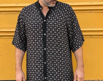 Geometric Print Shirt for Men, Oversized Modal Button Up, Boho Festival Clothing, Black Patterned Streetwear, Unisex Shirt