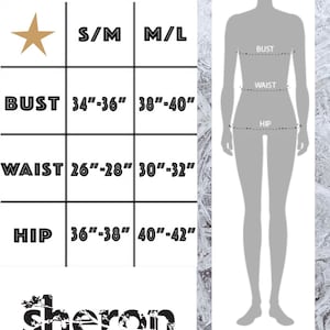 May include: A size chart for women's clothing with measurements in inches. The chart shows bust, waist, and hip measurements for sizes S/M and M/L.