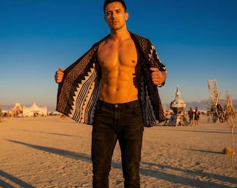 Men’s Boho Kimono Jacket: Festival Clothing, Gift for Him, Gender-Neutral Cotton Boho Jacket, Burning Man Kimono, Tribal Festival Wear