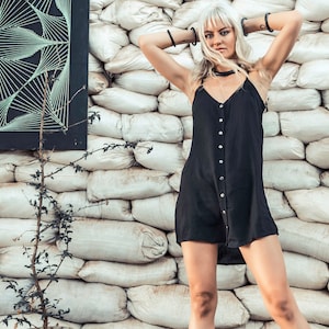 Black Boho Mini Dress For Women, Summer Mini Dresses, Black Tunic Dress, Festival Tank Dress For Women, Casual Black Dress, Buttons Dress