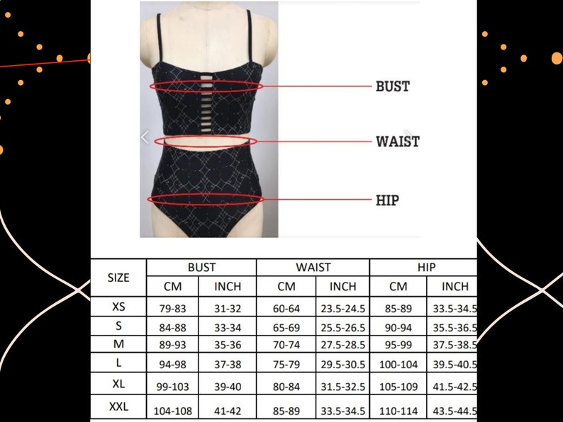 Peut inclure: Tableau des tailles pour des maillots de bain avec des mesures en pouces et en centim&egrave;tres. Le tableau indique les mesures de la poitrine, de la taille et des hanches pour les tailles XS &agrave; XXL.