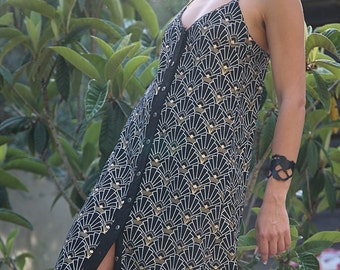 Gold Print Boho Maxi Dress: Cotton Rayon Button-Down Dress