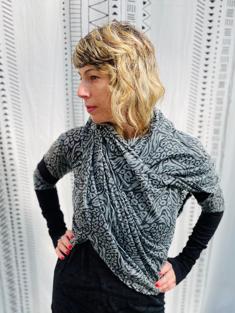 Black - White Print Cardigan, Hooded Kimono, Hooded Shawl, Hooded Wrap Cardigan, Shawl Wrap Cardigan, Lightweight Cardigan, Boho Wrap Shawl