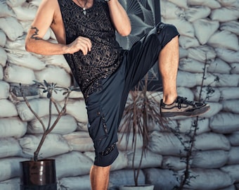 Gray Short Pants for Men, Drop-Crotch Cotton Shorts, Men's Multi-Pocket Pants, Festival Outfit, Psychedelic Clothing, Streetwear Outfit