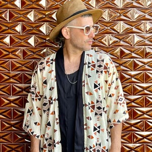 Mens Boho Kimono, Triangle Print Kimono, Festival Kimono Outfit, Hipster Kimono Robe, Unisex  Summer Kimono Jacket, Burning Man Outfit