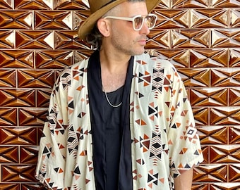 Burning Man Outfit, Mens Boho Kimono, Triangle Print Kimono, Festival Kimono Outfit, Hipster Kimono Robe, Unisex  Summer Kimono Jacket