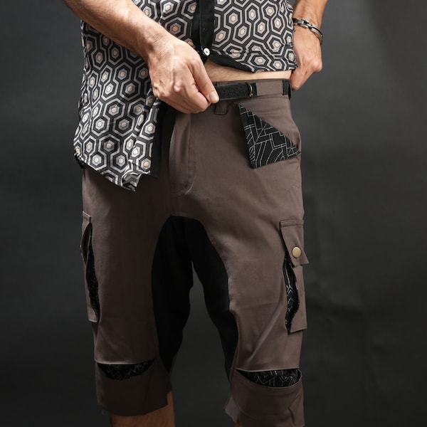 Cyberpunk Harem Pants, Mens Festival Pants, Mens Boho Clothing, Brown Cargo Shorts, Brown Harem Pants, Rave Pants, Steampunk Shorts Pants