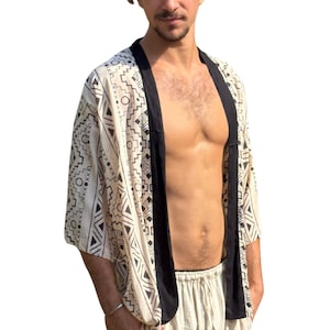 Mens Boho Kimono, Tribal Kimono Robe for Him, Burning Man Festival Outfit, Summer Short Kimono, Everyday Kimono, Yoga Kimono Cover Up