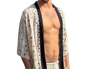 Kimono bohemio para hombre: cárdigan con estampado tribal, estilo informal para festivales, atuendo bohemio para festivales.