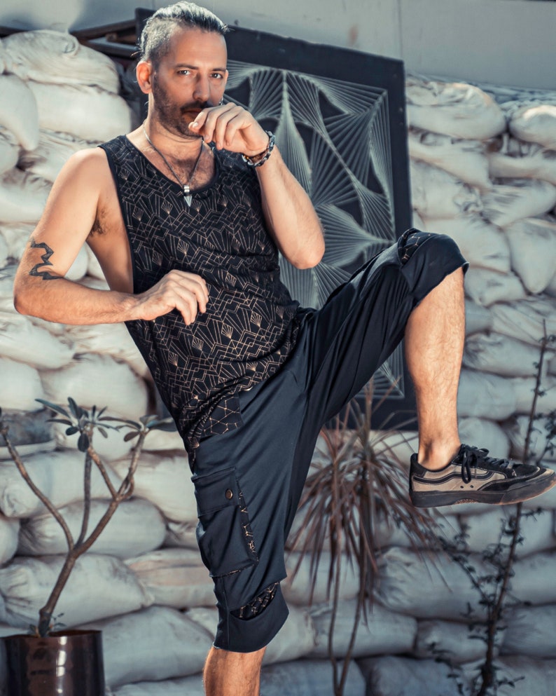 Mens Black Cargo Shorts, Knee High Multi Pockets Pants, Short Festival Pants, Black Harem Pants, Rave Pants, Cyberpunk Pants, Bohemian Pants