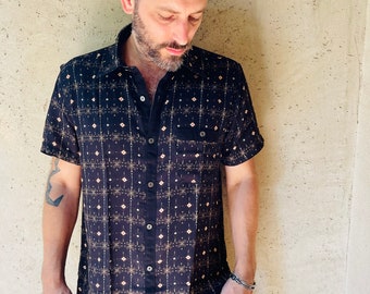 Men's Short Button Up Shirt, Geometric Shirt, Black Short Sleeve Shirt, Boho Style Shirt, Festival Shirt, Black Urban Clothing, Rock Shirt