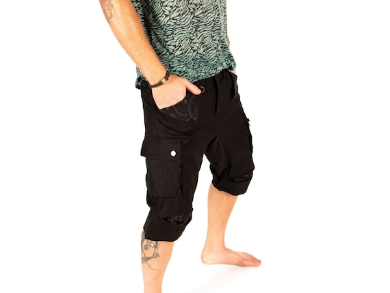 Multi Pockets Mens Black Cargo Shorts Capri Trousers Cotton - Etsy