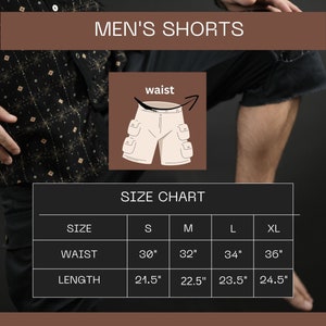 May include: Size chart for men's shorts with measurements in inches. The chart shows sizes S, M, L, and XL with corresponding waist and length measurements.