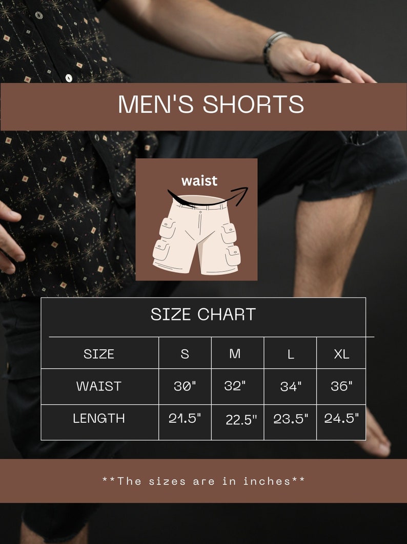 May include: Size chart for men's shorts with measurements in inches. The chart shows sizes S, M, L, and XL with corresponding waist and length measurements.