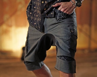 Men's Festival Drop Crotch Short Pants, Cotton Cargo Shorts, Psy Trance Festival Wear for Him, Multi Pockets Shorts, Shorts Under Knee