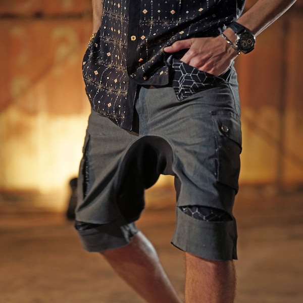 Men's Festival Drop Crotch Short Pants, Cotton Cargo Shorts, Psy Trance Festival Wear for Him, Multi Pockets Shorts, Shorts Under Knee