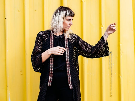 Boho Long Sheer Black Kimono Cardigan 