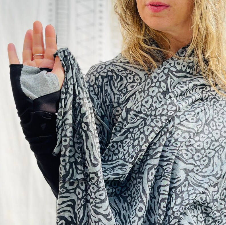 Black - White Print Cardigan, Hooded Kimono, Hooded Shawl, Hooded Wrap Cardigan, Shawl Wrap Cardigan, Lightweight Cardigan, Boho Wrap Shawl