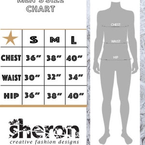 May include: Men's size chart with measurements for chest, waist, and hip in inches. The chart shows sizes S, M, and L.