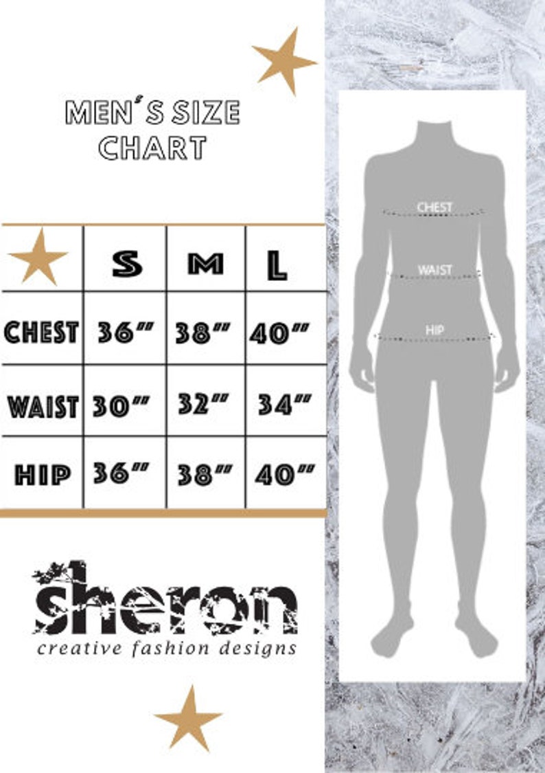 May include: Men's size chart with measurements for chest, waist, and hip in inches. The chart shows sizes S, M, and L.