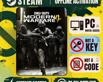 Könnte beinhalten: Ein digitales Spieleangebot für Call of Duty Modern Warfare auf Steam mit Offline-Aktivierung. Die Grafik zeigt drei Soldaten in taktischer Ausrüstung sowie Text zu PC-Digitalzugang, kein Key, kein Code, sofortiger Zugriff und Offline-Spiel.