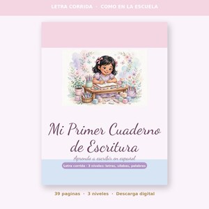 Puede incluir: Un cuaderno de escritura digital titulado Mi Primer Cuaderno de Escritura con una ilustración de un niño escribiendo en un escritorio con lápices y bloques. La portada incluye el texto Letra Corrida, Como en la Escuela y 39 paginas.