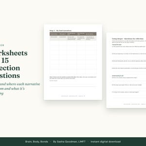 May include: A set of worksheets and 15 reflection questions titled Go Deeper. The pages include a table labeled Step 2 - My food narratives and a section titled Going deeper - Questions for reflection by Sasha Goodman, LIMFT.