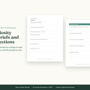 May include: Two white printable pages featuring dark green text. The left page is titled Debrief 1 with numbered questions and lines for writing. The right page is titled 10-Day Reflection with numbered questions and lines for writing.