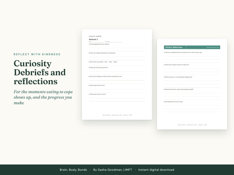 May include: Two white printable pages featuring dark green text. The left page is titled Debrief 1 with numbered questions and lines for writing. The right page is titled 10-Day Reflection with numbered questions and lines for writing.