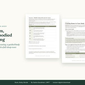 Puede incluir: Dos p&aacute;ginas de un documento digital titulado For Your Body, Calm, embodied eating, Mindful eating, a guided body scan, and a full sleep reset. El texto incluye secciones sobre la alimentaci&oacute;n consciente y volver al cuerpo.