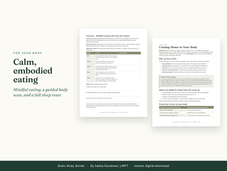 Puede incluir: Dos p&aacute;ginas de un documento digital titulado For Your Body, Calm, embodied eating, Mindful eating, a guided body scan, and a full sleep reset. El texto incluye secciones sobre la alimentaci&oacute;n consciente y volver al cuerpo.