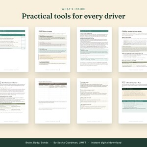 Puede incluir: Ocho p&aacute;ginas de una gu&iacute;a digital titulada Practical tools for every driver, que incluye secciones sobre perfiles de conductor, sue&ntilde;o y un plan de pr&aacute;ctica de 4 semanas. El documento contiene tablas, texto y encabezados en tonos verdes, beige y azules.