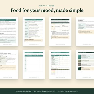 May include: Eight pages of a digital guide titled Food for your mood, made simple. The pages feature text, tables, and checklists with green and beige accents, focusing on nutritional information, mood tracking, and meal planning.