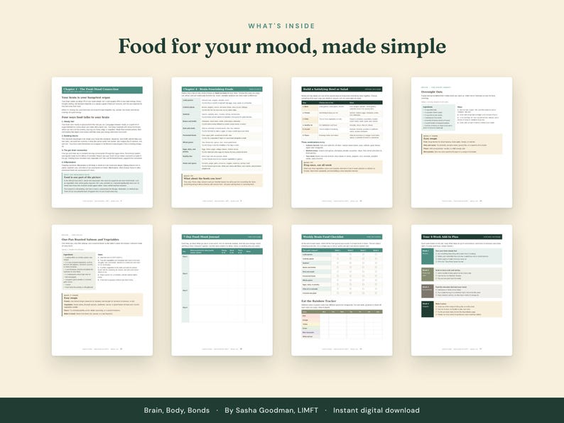 May include: Eight pages of a digital guide titled Food for your mood, made simple. The pages feature text, tables, and checklists with green and beige accents, focusing on nutritional information, mood tracking, and meal planning.