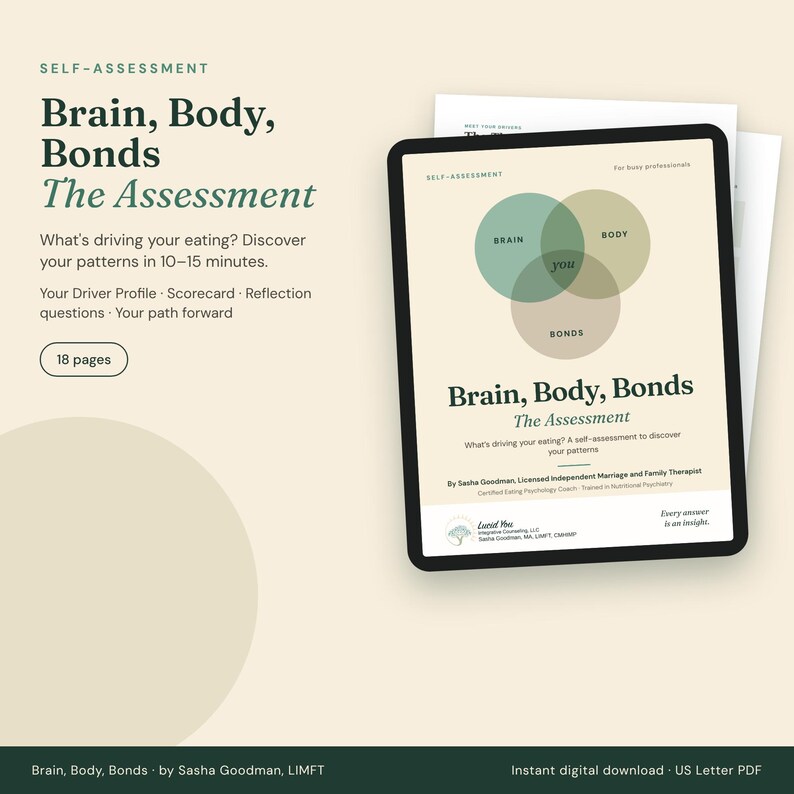 Brain, Body, Bonds: The Assessment cover shown on a tablet, with a Venn diagram of Brain, Body, and Bonds. Self-assessment, 18 pages, by Sasha Goodman, LIMFT.