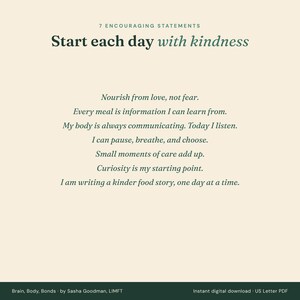 Seven encouraging statements from The Nourishing Food Journal, one for each daily page, starting with Nourish from love, not fear.