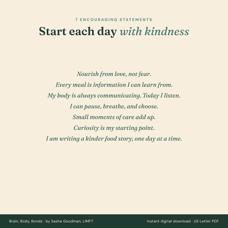 Seven encouraging statements from The Nourishing Food Journal, one for each daily page, starting with Nourish from love, not fear.