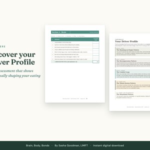 Puede incluir: Un documento digital titulado Discover your Driver Profile, una autoevaluaci&oacute;n de h&aacute;bitos alimenticios. Incluye una tabla Section A Brain y una p&aacute;gina de resultados Your Driver Profile con categor&iacute;as como The Running-on-Empty Pattern.