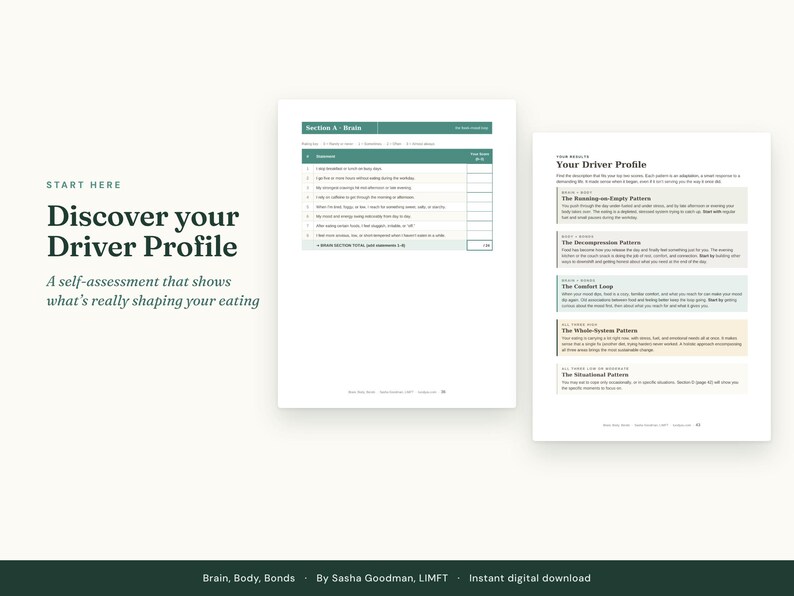 Puede incluir: Un documento digital titulado Discover your Driver Profile, una autoevaluaci&oacute;n de h&aacute;bitos alimenticios. Incluye una tabla Section A Brain y una p&aacute;gina de resultados Your Driver Profile con categor&iacute;as como The Running-on-Empty Pattern.