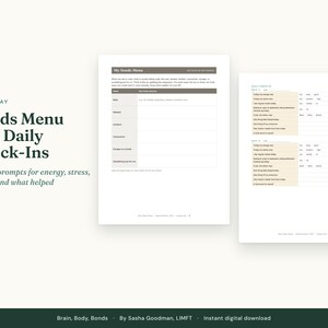 May include: A digital document titled Every Day Needs Menu and Daily Check-Ins featuring a Needs Menu table with categories for rest, movement, comfort, connection, escape, and care, alongside two daily check-in forms with prompts.
