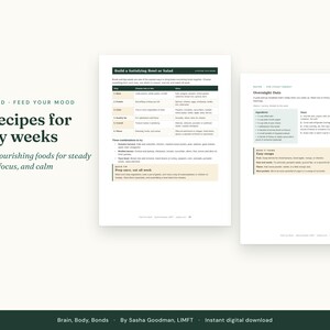 May include: A digital document titled 17 recipes for busy weeks featuring a guide to building bowls or salads and an overnight oats recipe. The text includes instructions, ingredient lists, and meal prep tips for brain-nourishing food.